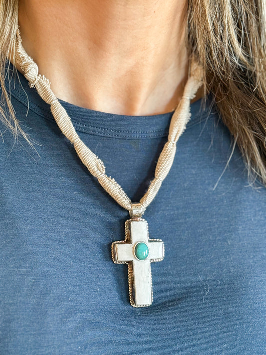 Buffalo Bone & Turquoise Cross Necklace