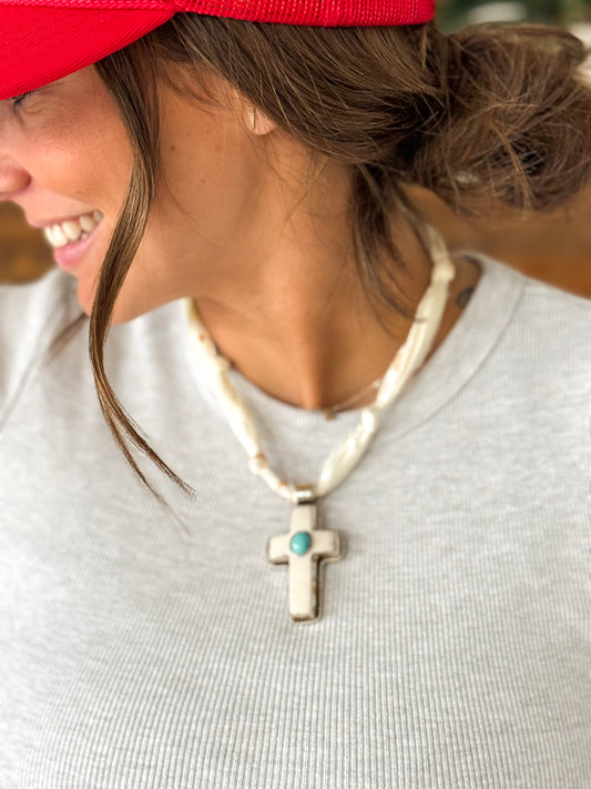 Buffalo Bone & Turquoise Cross Necklace