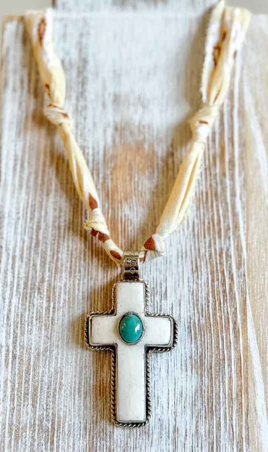 Buffalo Bone & Turquoise Cross Pendant